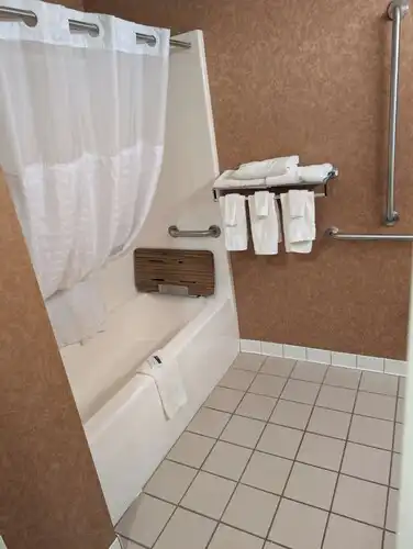 An accessible bathroom with grab bars and a bath seat